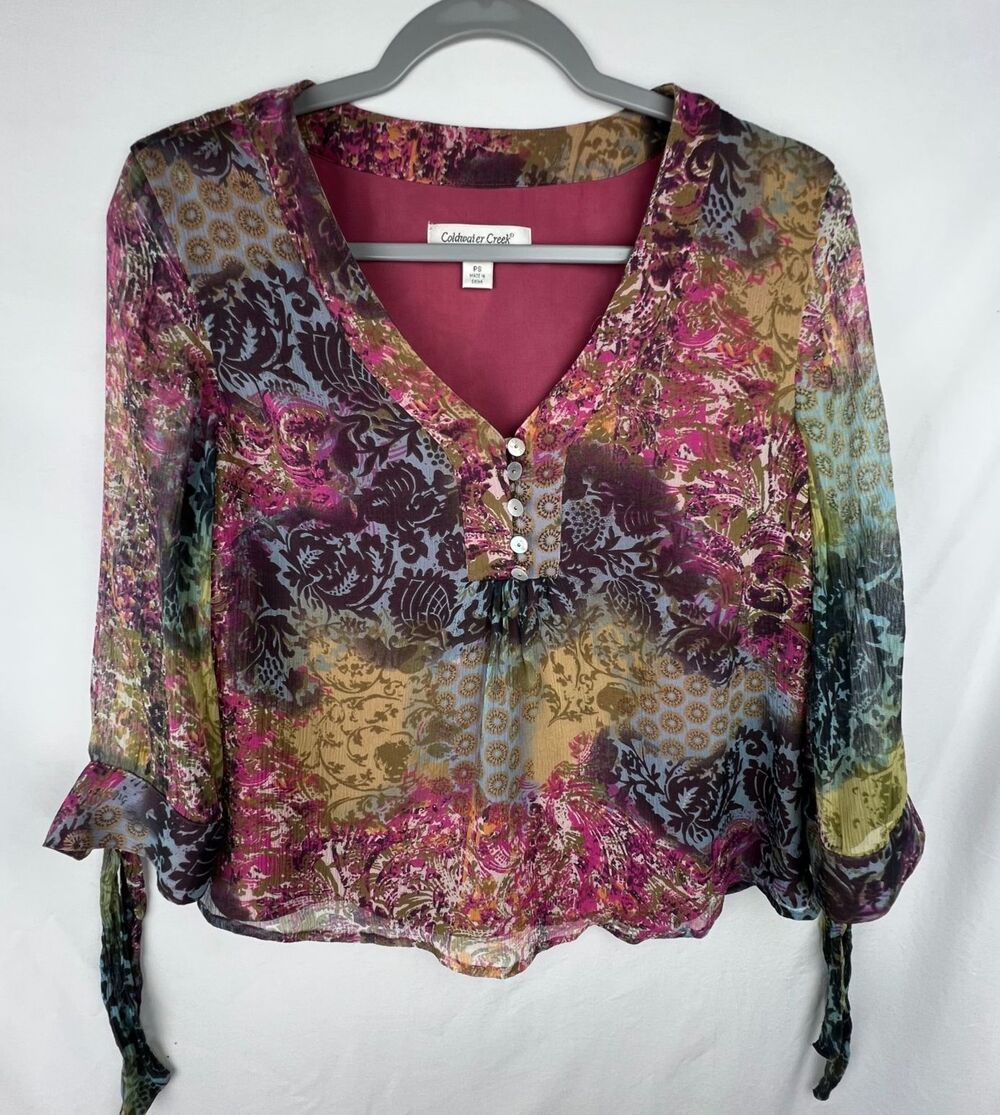 Coldwater Creek Petite Small Silk Blouse Boho Mixed Print Tie Sleeve READ